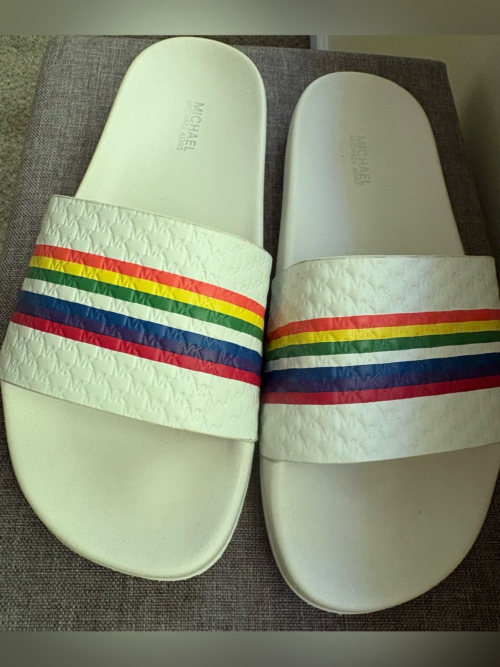 MICHAEL Michael Kors White Slide Sandals with Rainbow Stripes